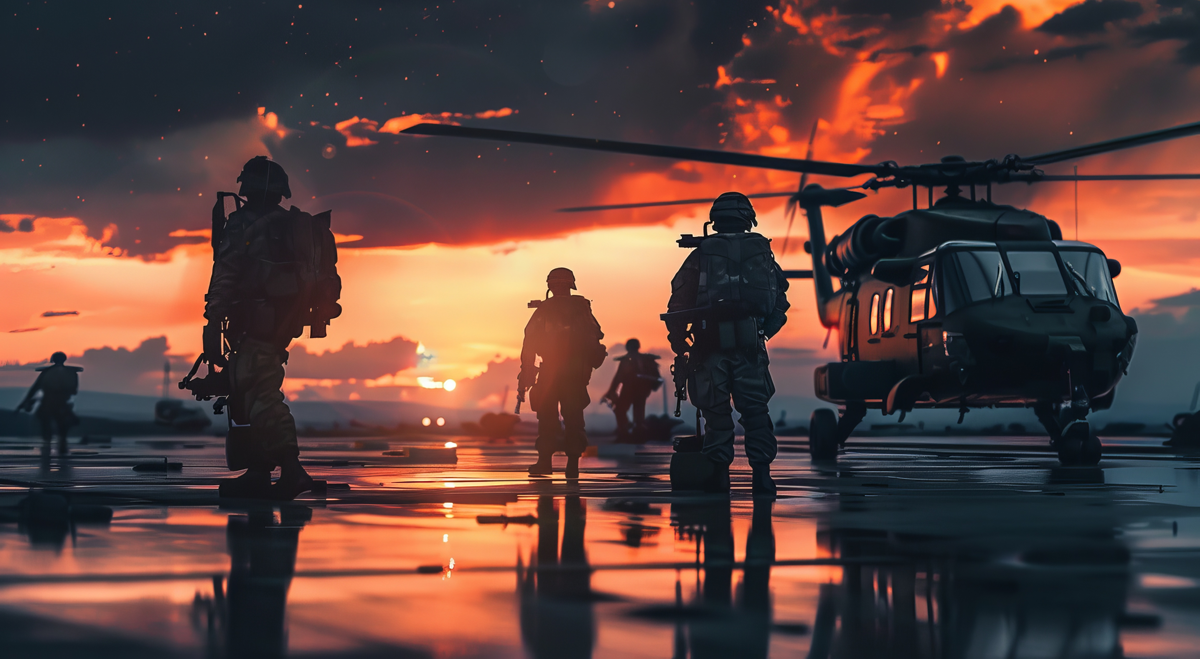 Soldiers marching towards a helicopter